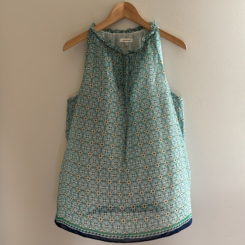 Max Studio sleeveless green and blue print blouse with keyhole tie. Size…